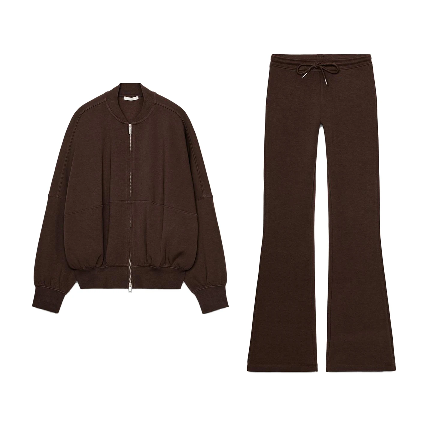 High Waist Belted Double-Faced Fabric Flared Pants And Pilot Jaet Combo Casual Sle Long Sve round Ne Faion Set for...