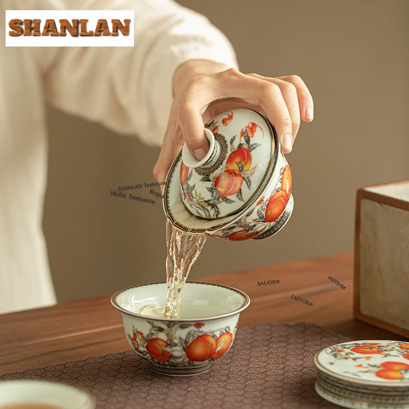 Ink-wash Golden Peach Tea Set Complete Set Elegant Tea Ceremony Set Tea Soaking Teapot And Tea Cup Set Tea Items Supplies Gift
