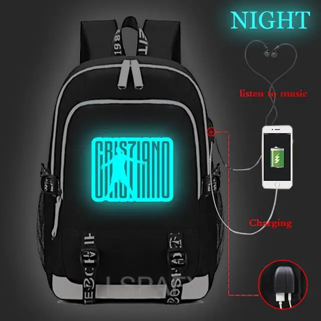 High quality Cristiano Ronaldo CR7 Luminous USB Charge Tenns backpack USB charging CR7 rucksack men women Mochila