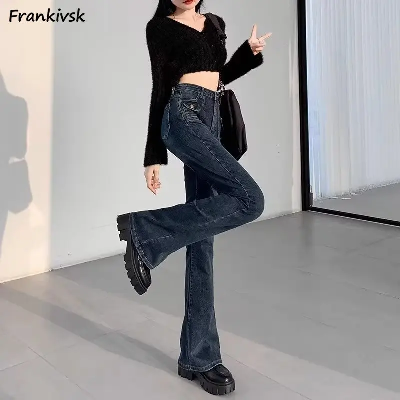 Jeans Women Autumn Personality Pockets Japanese Style Vintage Washed Denim Trousers High Street Aesthetic  All-match Full Length