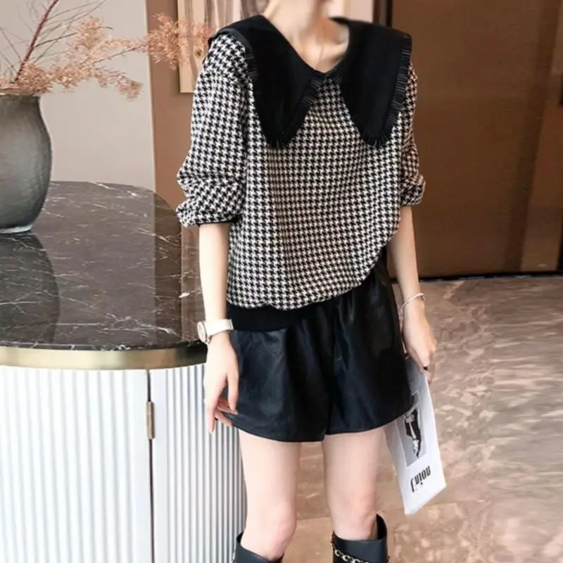 Spring Autumn New Fashion Round Neck Ruffles Long Sleeve Houndstooth Women's Clothing Casual All-match Korean Loose Trend Tops