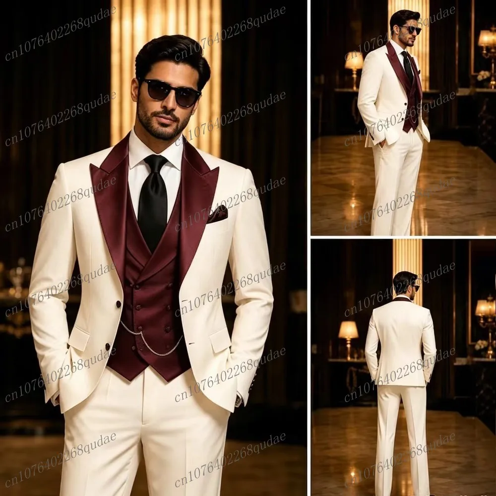 Traje Formal Borgoña y Blanco para Hombre, Traje de Novio para Boda, Traje de Padrino, Esmoquin Masculino, Conjunto de 3 Piezas, Blazer, Chaleco y Pantalones