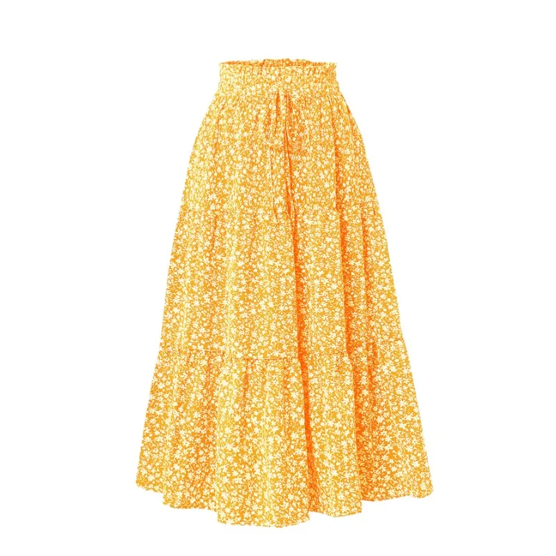 Printed Bohemia Vacation Skirt Women Elastic High Waist Flowy Long S-XL