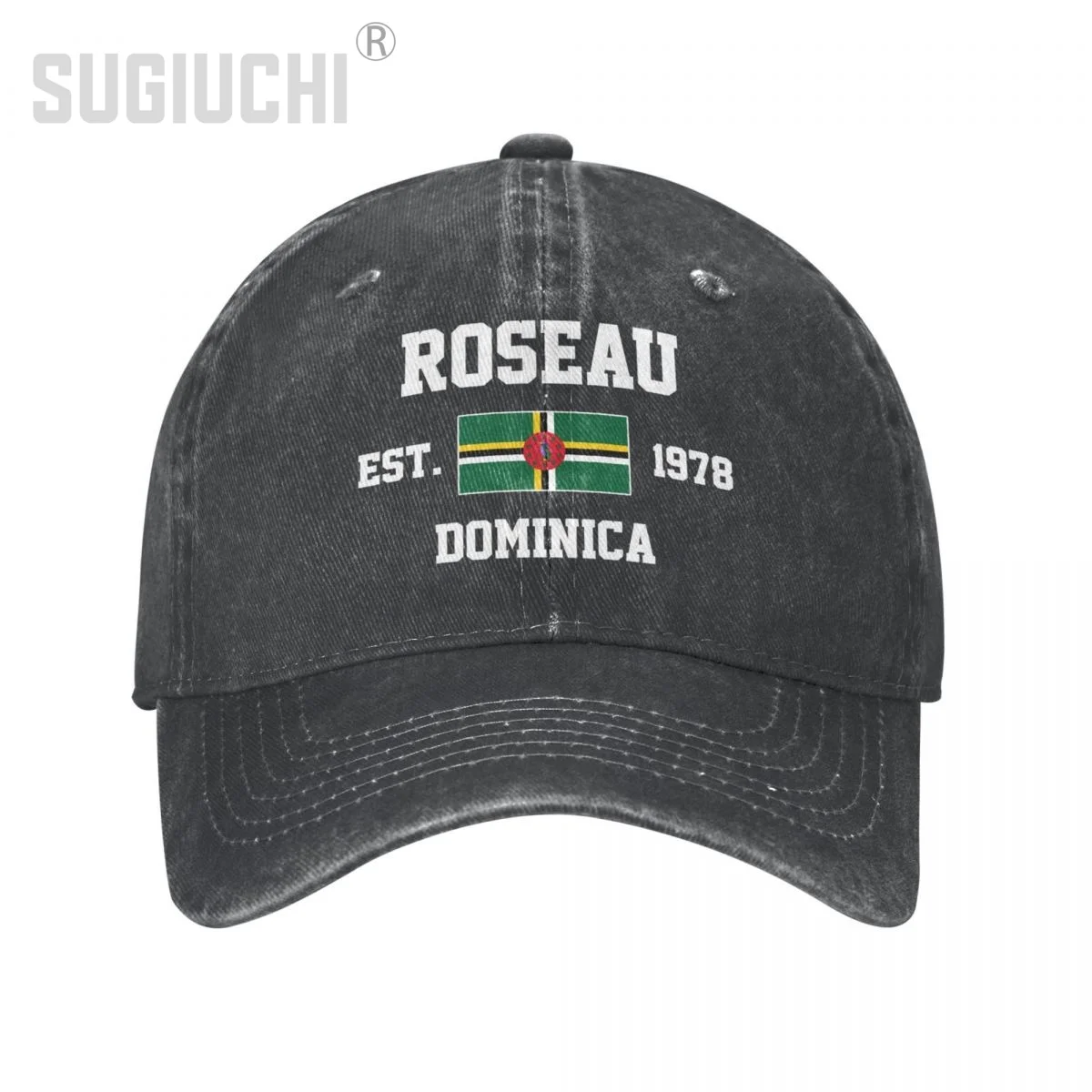 Flag of Dominica EST.1978 Roseau Unisex Adult Charcoal Washed Denim Baseball Cap Men Vintage Cotton Dad Patriotic Trucker Hat