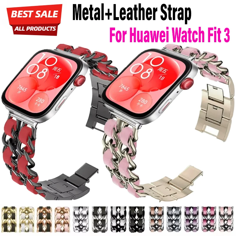 Metal + pulseira de couro para huawei relógio ajuste 3 feminino smartwatch fácil ajustável confortável pulseira para huawei relógio ajuste 3 correa