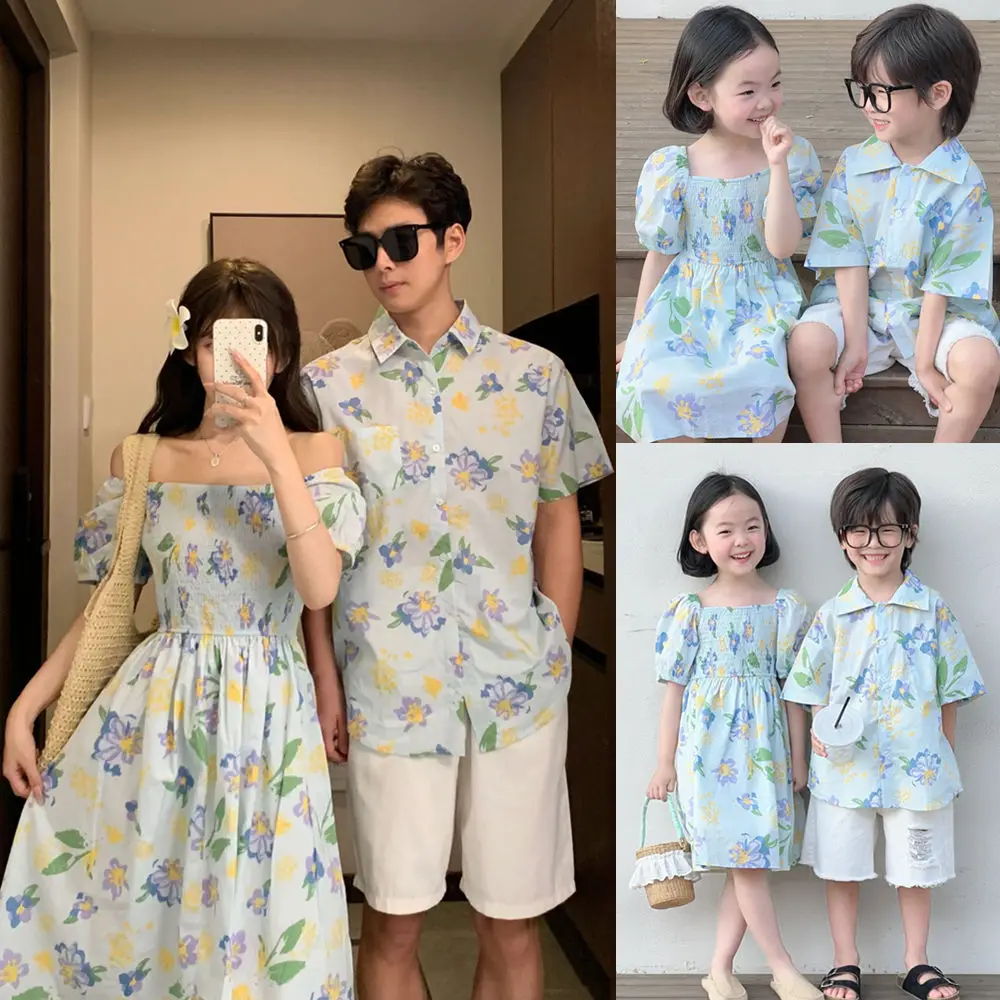 

2026 Summer French Family Matching Outfits Mother Daughter Floral Dresses Dad Son Shirts Beach Vacation Family Look for Kids