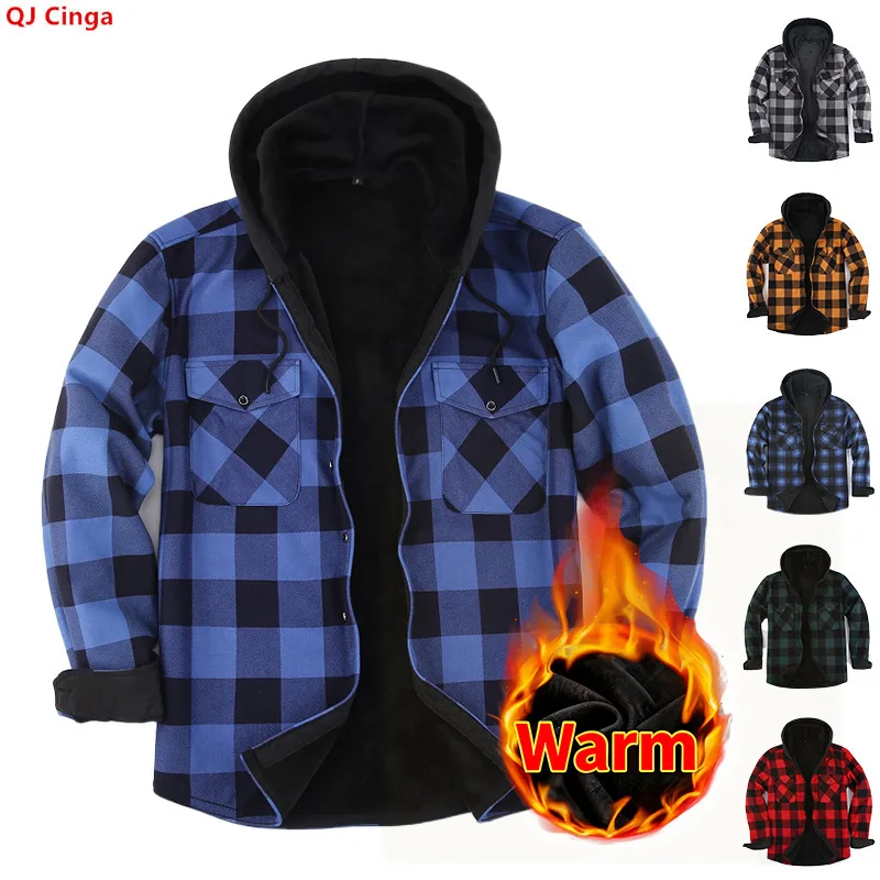 Rotes Herren-Langarm-Kapuzenshirt; Winterliches Gestreiftes Flanellhemd mit Fleecefutter; Erhältlich in Blau, Grün und Gelb.