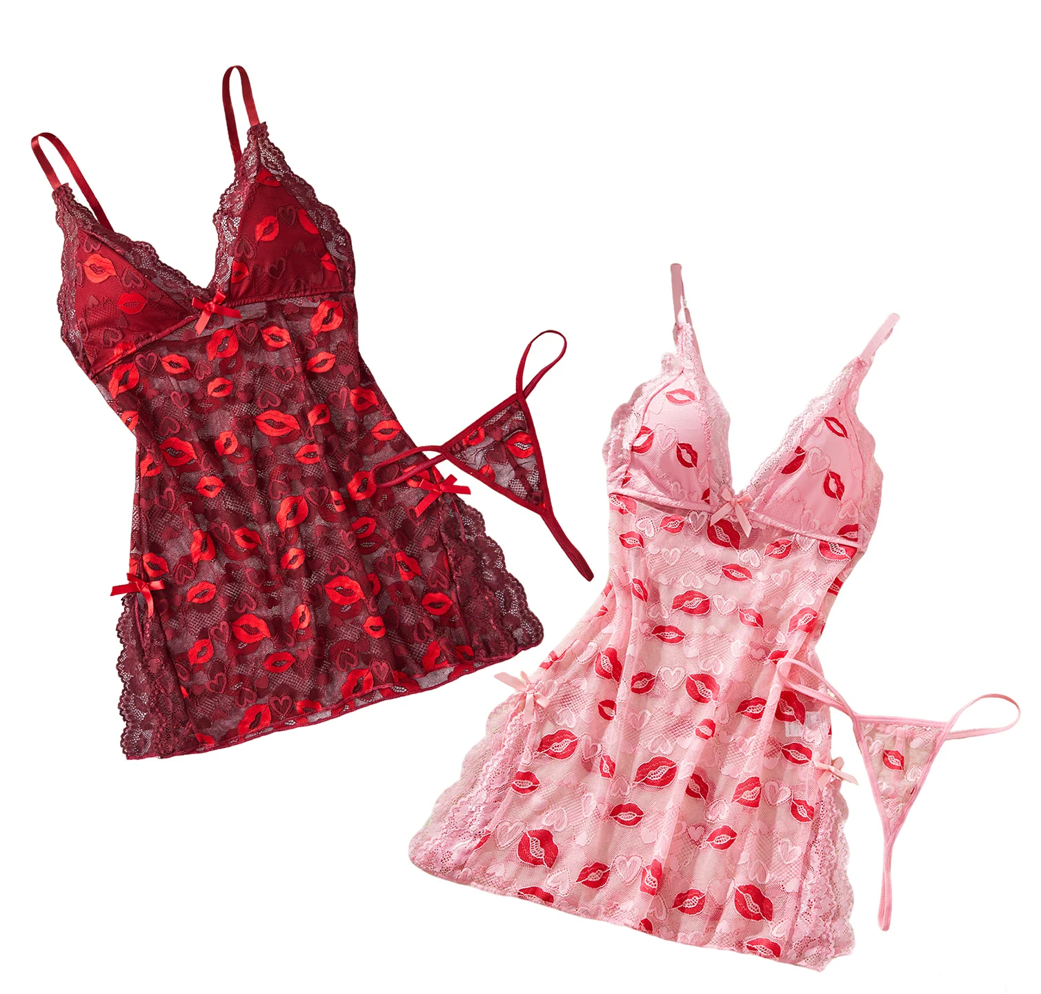Fashion Sexy Women Lingerie Nightgown Casual Sleepwear Nightdress Camisola Vestidos Femininos Nightie Clothing Red Lip Side Slit