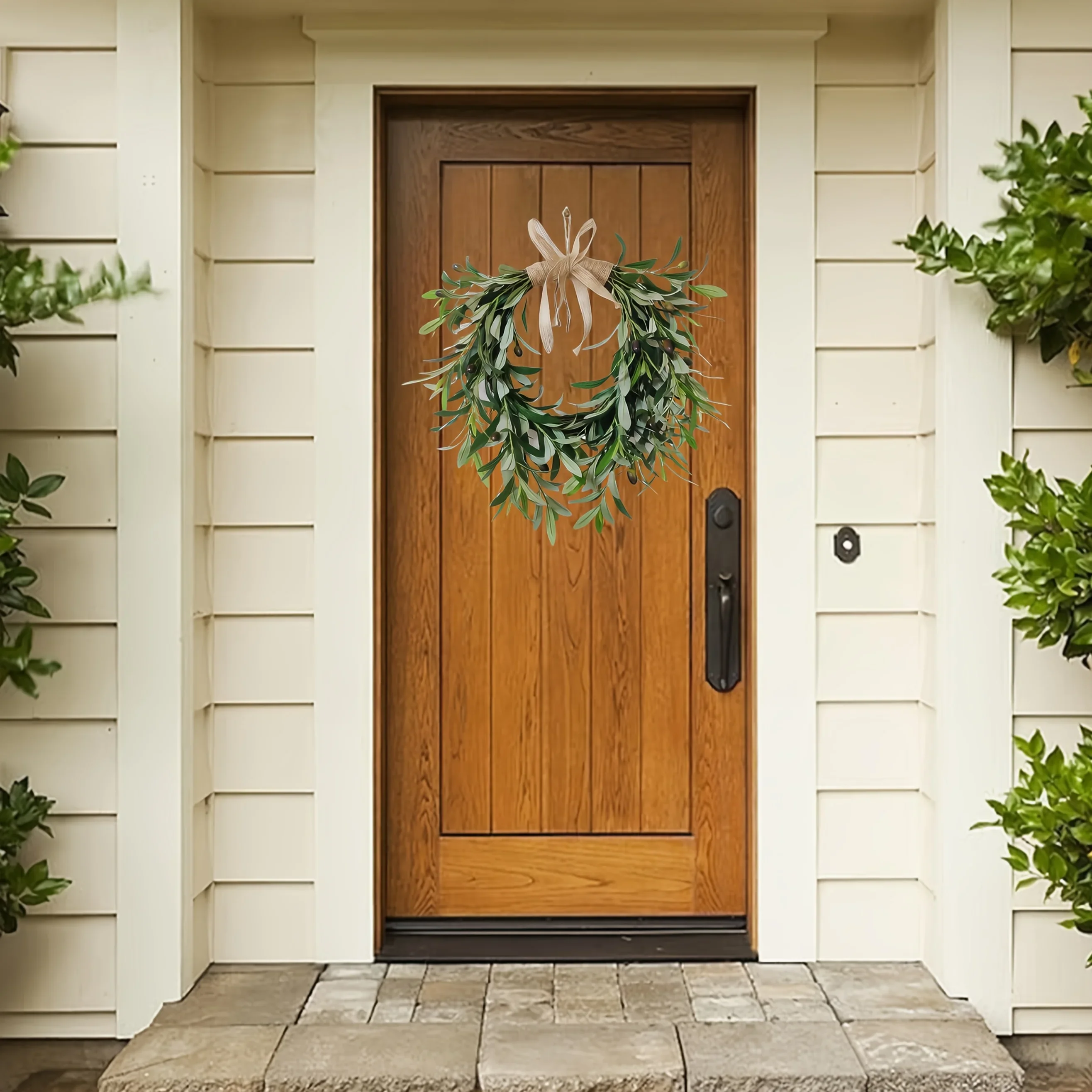 Rustic Artificial Olive Leaf Wreath Plastic Green Floral Garland Wall Hanging Indoor Outdoor Fireplace Wedding Farmhouse Decor - Image 4