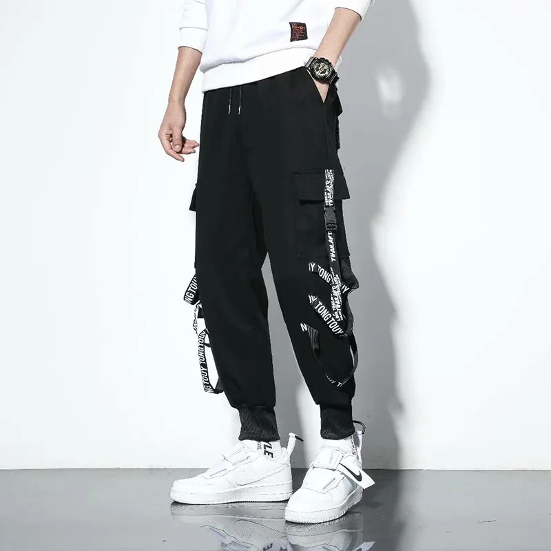 

Black Cargo Pants Men Joggers Cargo Trousers Men Fitness Drawstring Japanese Streetwear Hip Hop Techwear Gothic Ribbon Pants