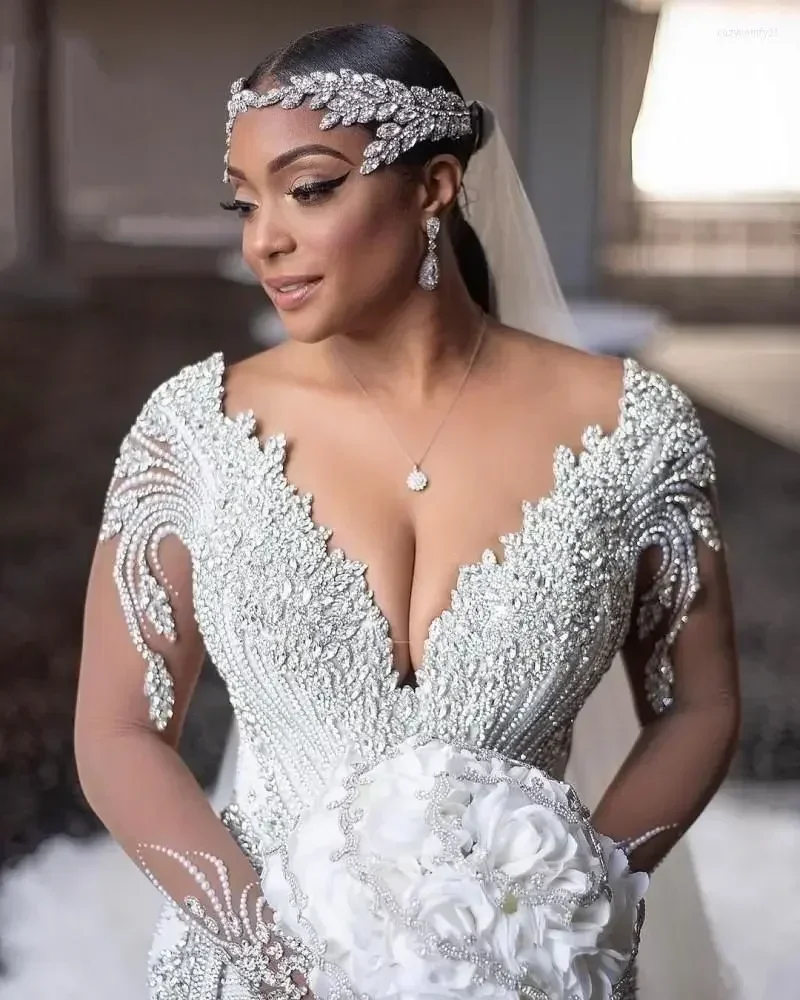 Customized Mermaid Wedding Dresses Bridal Gown Beaded Crystals Long Sleeves Ruffles Deep V Neck Chapel Train Vestido