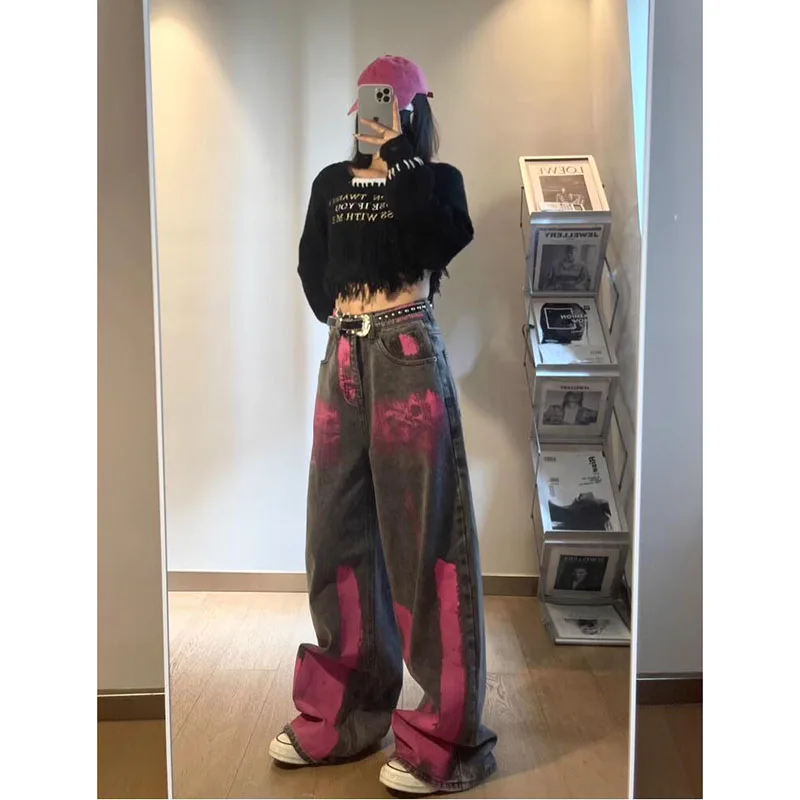 Graffiti Design Sense Amerikaanse High Street Vintage wijde pijpen jeans dames herfst en winter veelzijdige hiphopbroek dames