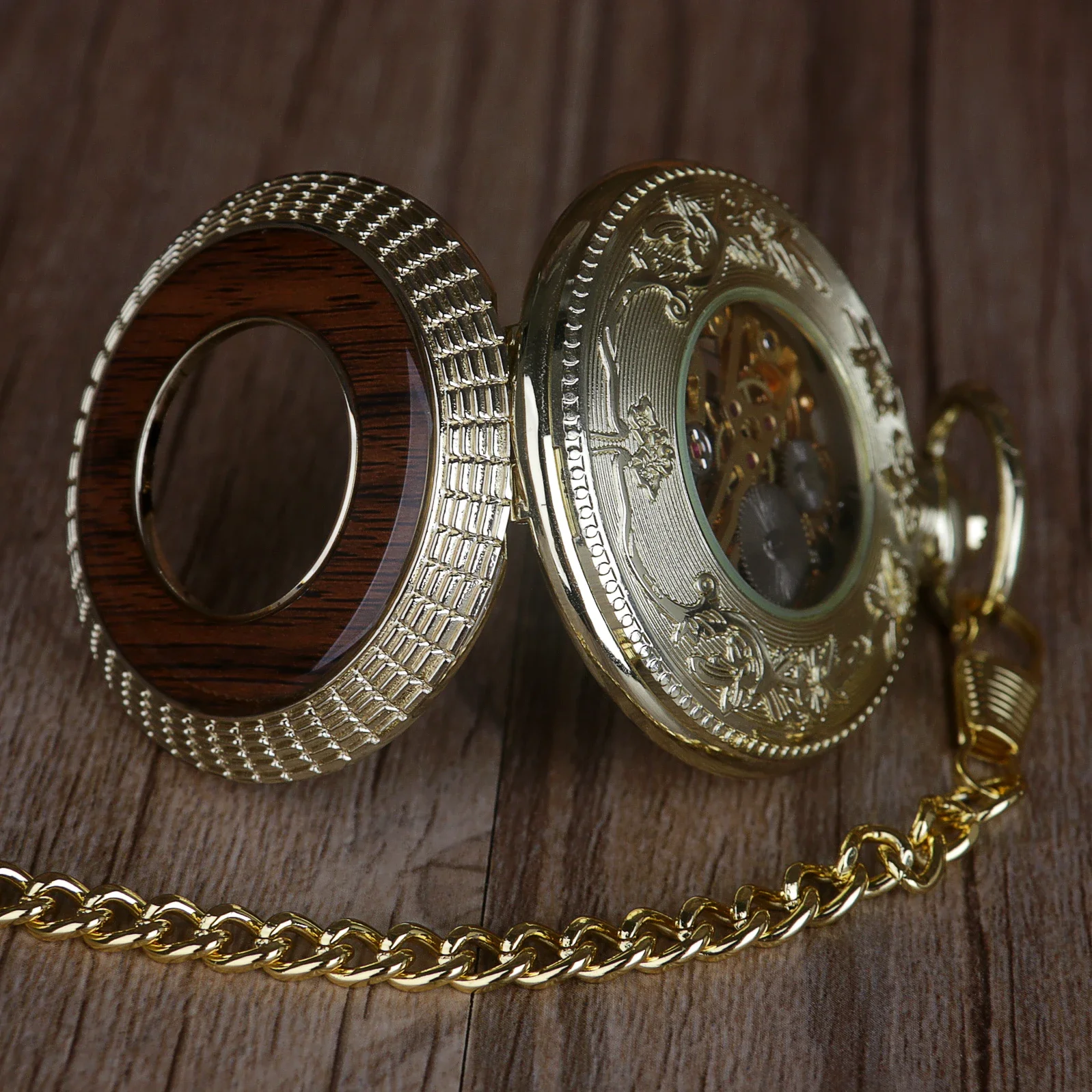 Reloj de bolsillo mecánico para hombre y mujer, pulsera de mano Vintage con grabado, esfera de engranaje, dorado, Steampunk