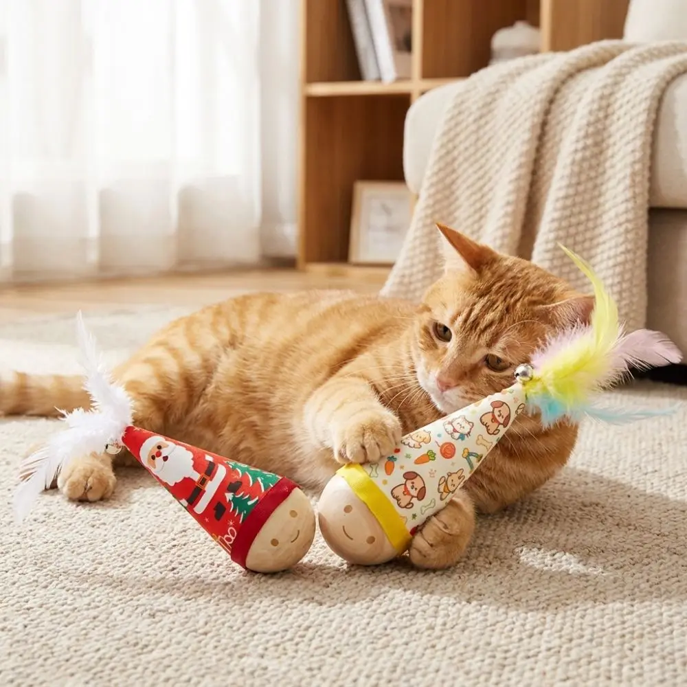 Colorful Feather Cat Tumbler Toy Self-Righting Dynamic Shaking Feather Bell Cat Teaser Cartoon Pattern Wooden Base