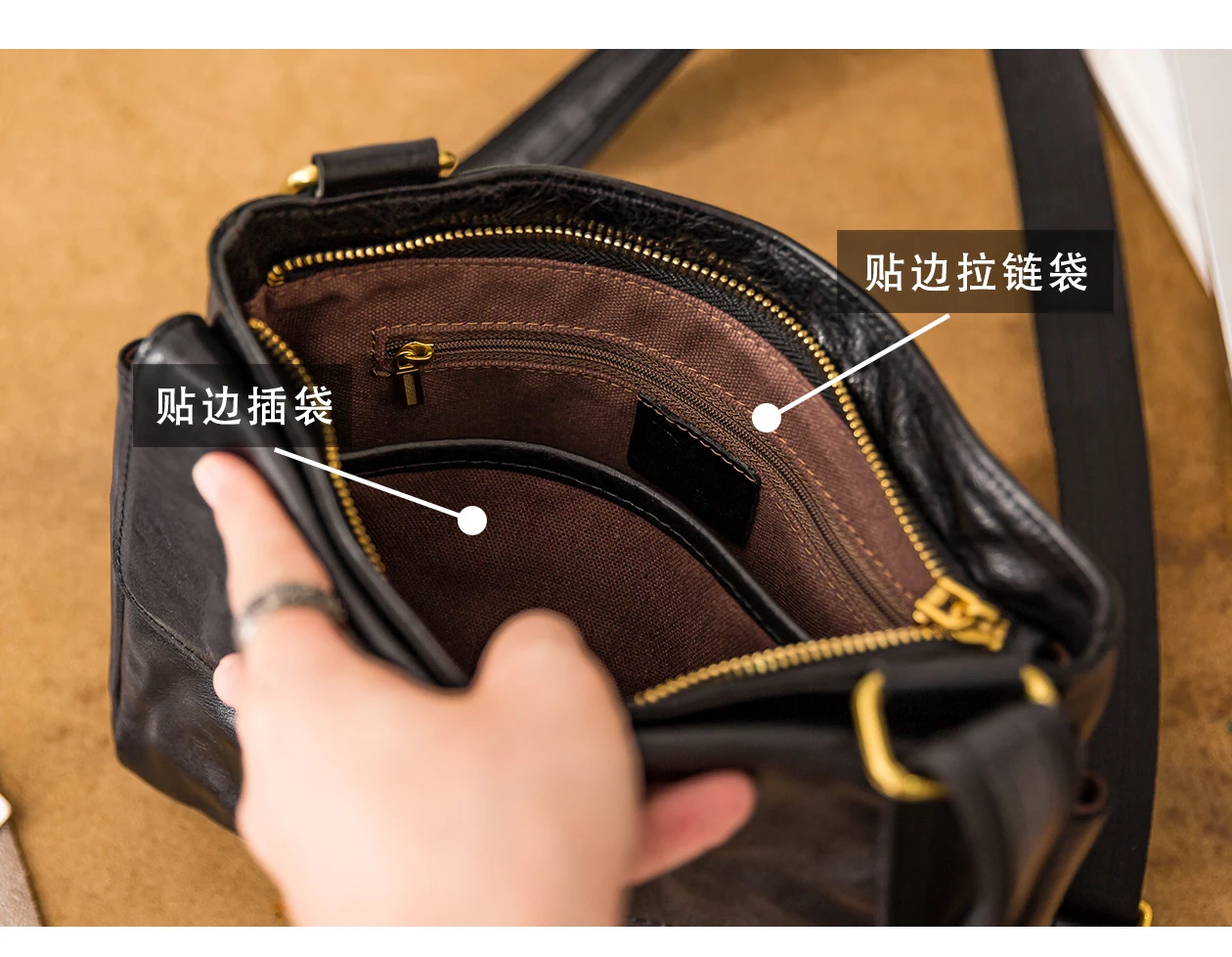 Vintage designer handmade genuine leather men's shoulder bag outdoor travel luxury pleated cow leather black crossbody bag
