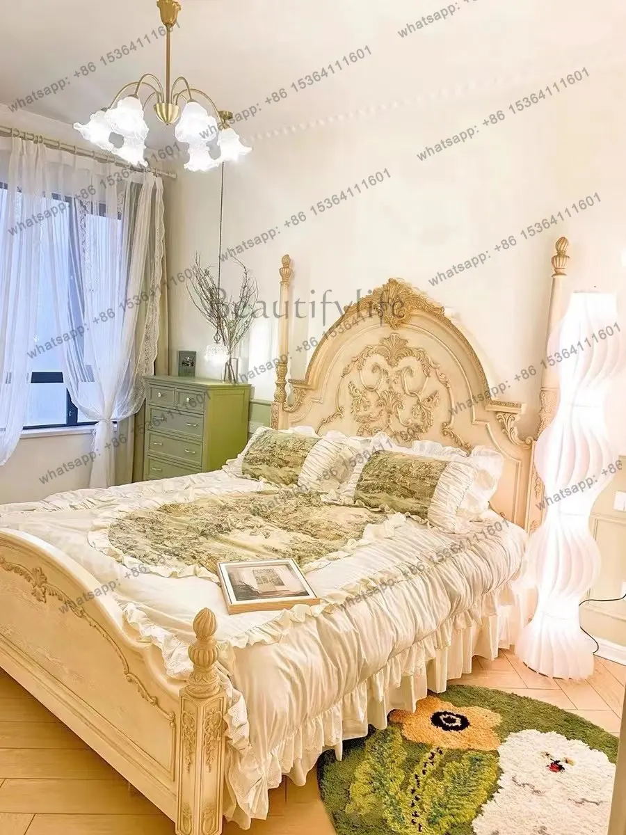 French American solid wood oak retro bed old double carved small apartment princess bed