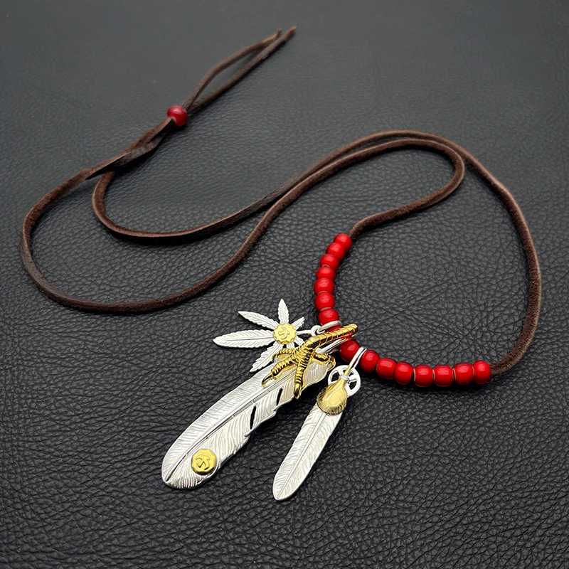 Hemp Leaf Feather Deerskin Necklace Handmade Lampwork Beads Silver Plated Eagle Claw Goros Hippie Bohemian Tribal Jewelry