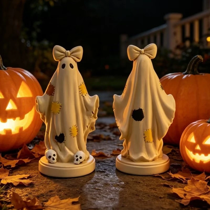 Resin Patchwork Ghost Halloween Decor Cute Spooky Statue Tabletop Ornament Figurine for Home Party Shelf Desk Gift