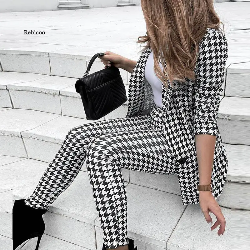 

Women Elegant Business Suit Spring Office Lady Fashion Houndstooth Long Sleeve Blazer + Long Pants 2pcs set Outfits