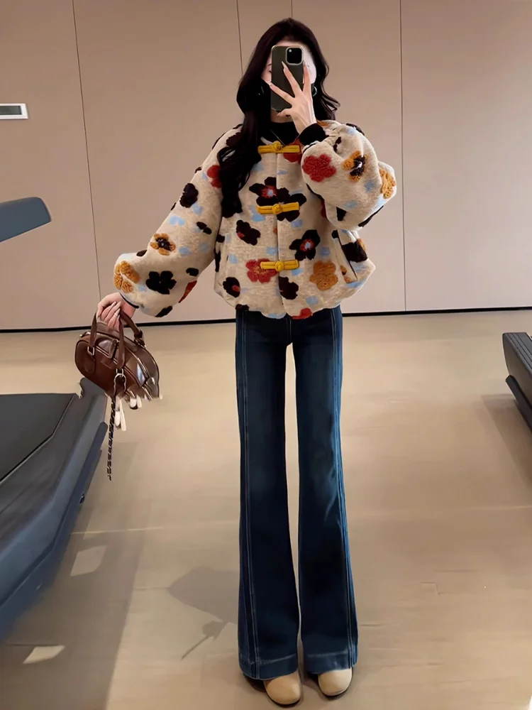 

Женская зимняя свободная кофта с цветочным 3D-принтом в стиле ретро, на мягкой хлопковой подкладке, универсальная, с круглым вырезом и длинными рукавами