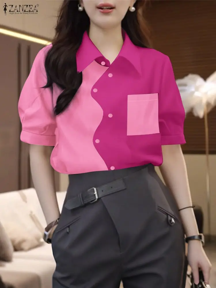 

ZANZEA женские рубашки контрастного цвета с волнистым воротником и планкой, мода 2025 года, рубашка с отложным воротником и короткими рукавами-фонариками, уличная одежда с накладными карманами