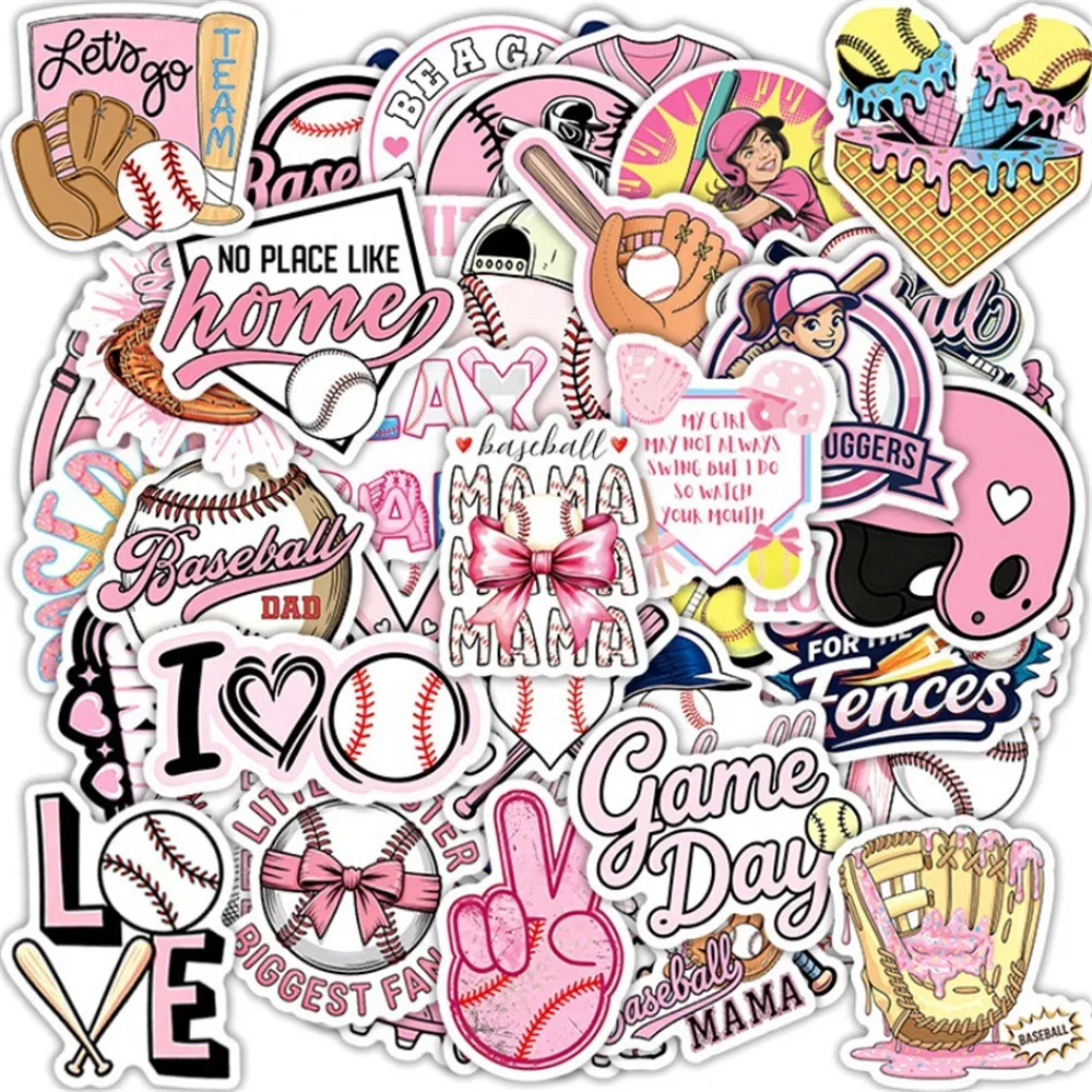 50 PCS Pink Baseball Sports Graffiti Stickers Pack Vinyl Student Stickers Decorate Skateboard Computer Helmet Scrapbook Decals
