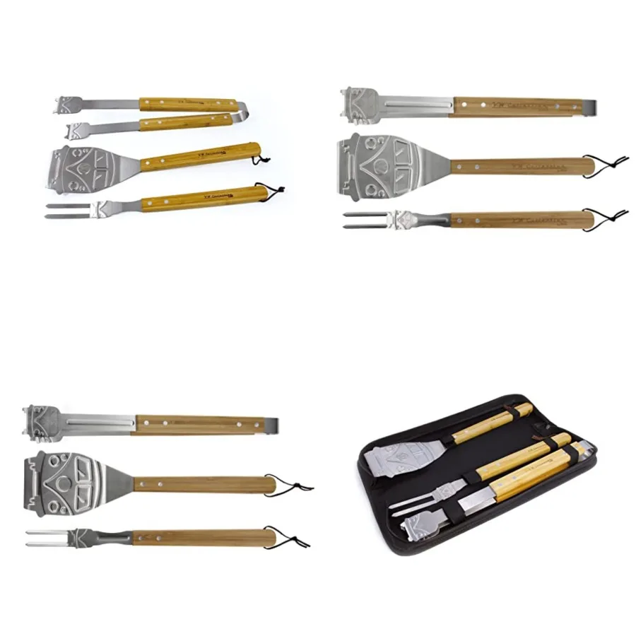

VW Collection - Volkswagen Stainless Steel Grill Cutlery Set - Tongs, Fork, and Turner in T1 Bus Design 3-Piece with Carrying C