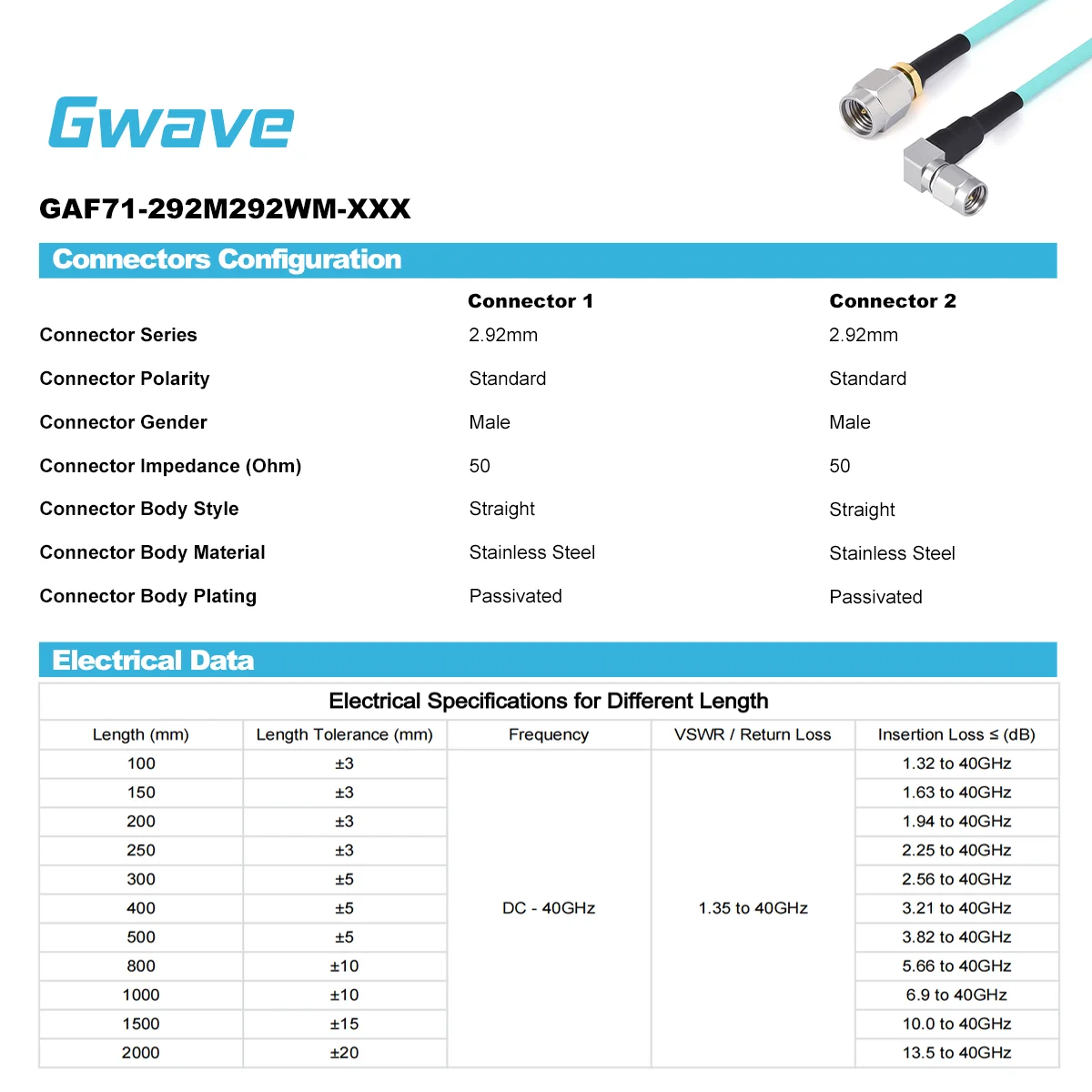 2.92 Male To 2.92 Male Right Angle RG-405SS Flexible Coax Cable 50 Ohm DC To 40GHz For Labs & Test Applications