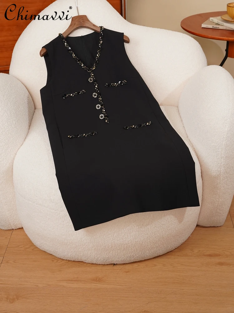 Vestido de viajero negro elegante con cuello en V Retro francés, ropa de otoño 2025, nueva moda, vestido corto sin mangas para fiesta para mujer