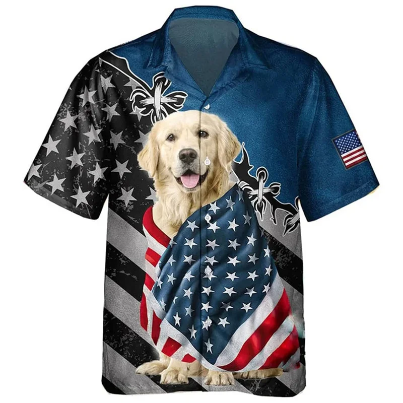 Bandeira americana masculina camisa havaiana, cão estampado em 3D, animal de estimação bonito, padrão animal, camisas de praia, moda, blusas de manga curta, botão lapela superior