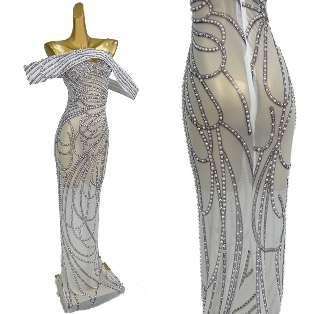 Luksusowa sukienka z długiej, przezroczystej siateczki, zdobiona cyrkoniami i perłami, dla kobiet, couture, seksowna, na studniówkę, urodziny, wieczór, sesję zdjęciową, styl Moli.