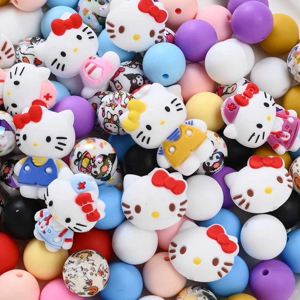 

34Pcs Silicone KT Cat-shaped Beads Silicone Round Beads for DIY Baby Pacifier Chains, Teether Bracelets Necklace Accessories