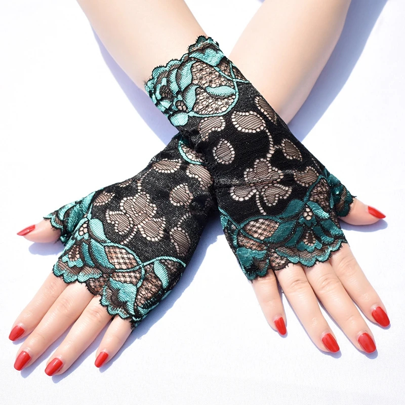 Fashion Women Sexy Fingerless Gloves Half Finger Sunscreen Short Lace Gloves Rose Flower Pattern Festival Gloves