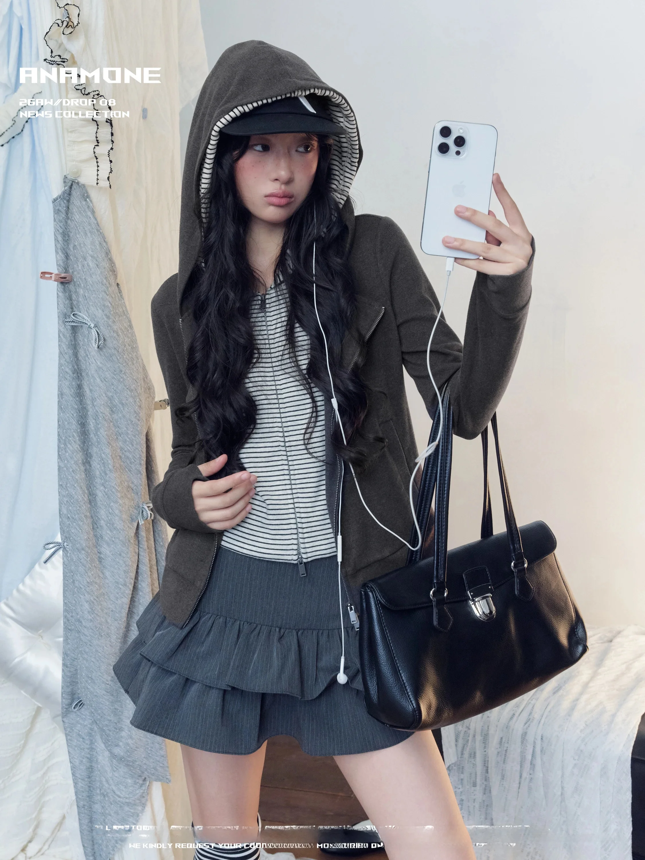 ANAMONE American Retro Women's Slim Fit Hoodie Short Jacket Double Layer Cap Autumn Fashion Casual Style Polyester Fiber