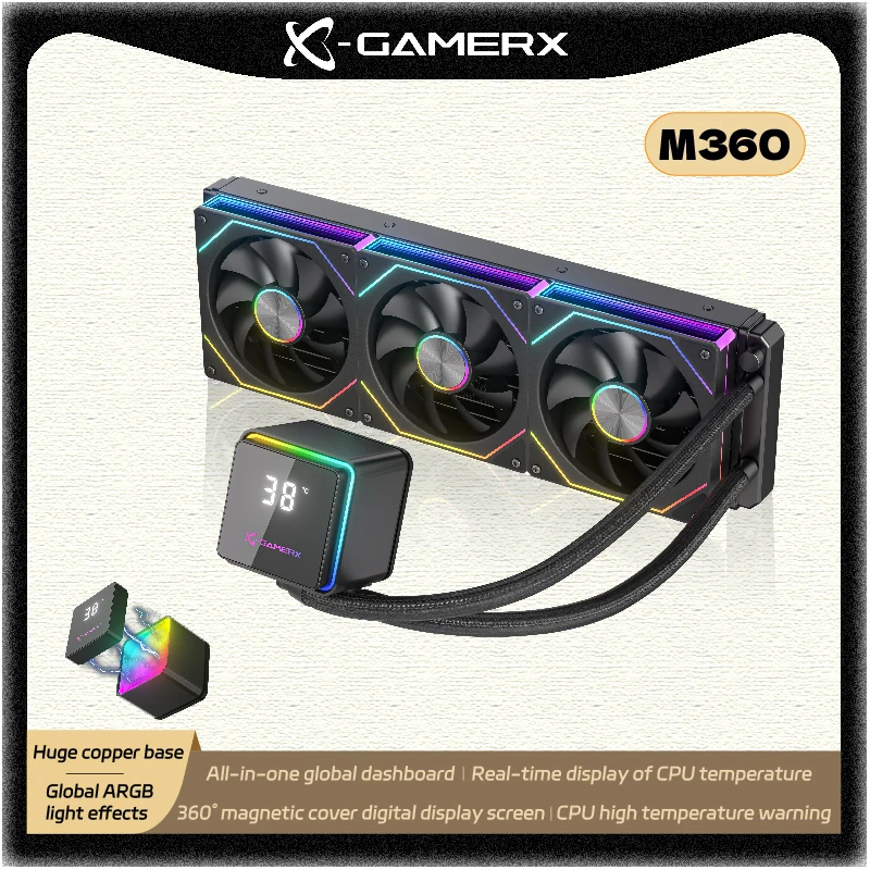

PowerTrain X-GAMER M360 water cooler processador 360mm Global ARGB light effect 360° magnetic cover digital display screen