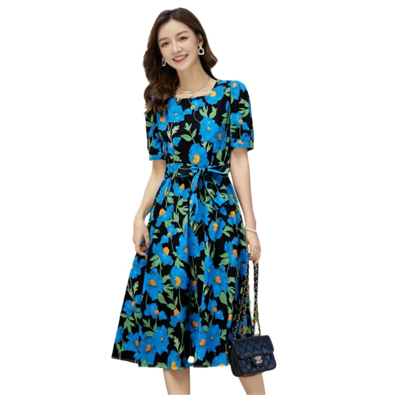 

New Elegant Cotton Print Plus Size Dresses Women MIdi Dress Loose Casual Vestidos Office Ladies High Waist A-Line Robes Femme