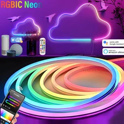 Tuya WiFi LED Neon Strip light GBIC LED Neon Strip Lights 12V Dream Color Rainbow RGB Flexible Lamp Tape APP WiFi/Bluetooth Alex