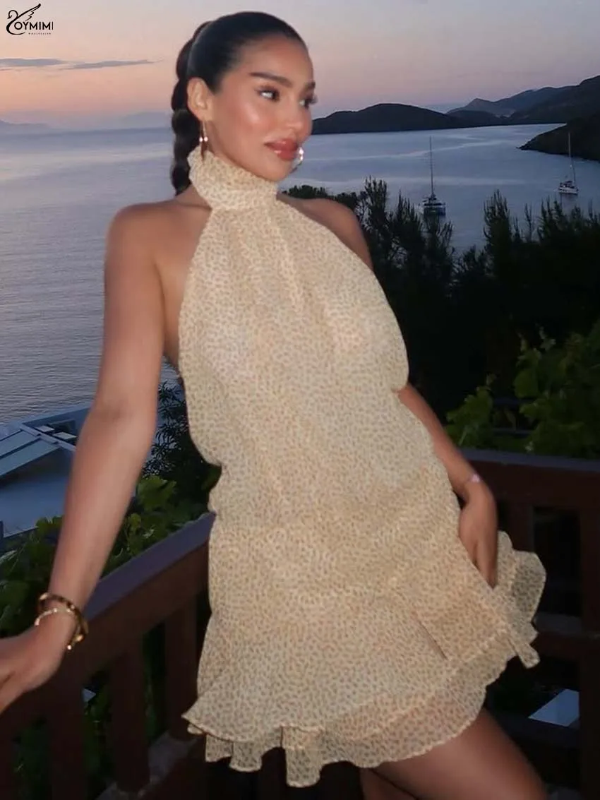 

Oymimi Casual Yellow Print Womens Dresses Fashion Halter Neck Open Back Sleeveless Dresses Autumn High Waist Pleated Mini Dress