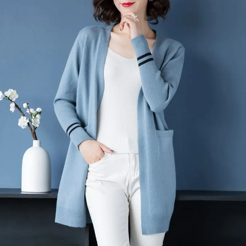 Women's Solid Knitted Cardigan Spring and Autumn Midi Loose V-neck Long Sleeve Pocket Bright Line Decoration Sweater Casual Coat