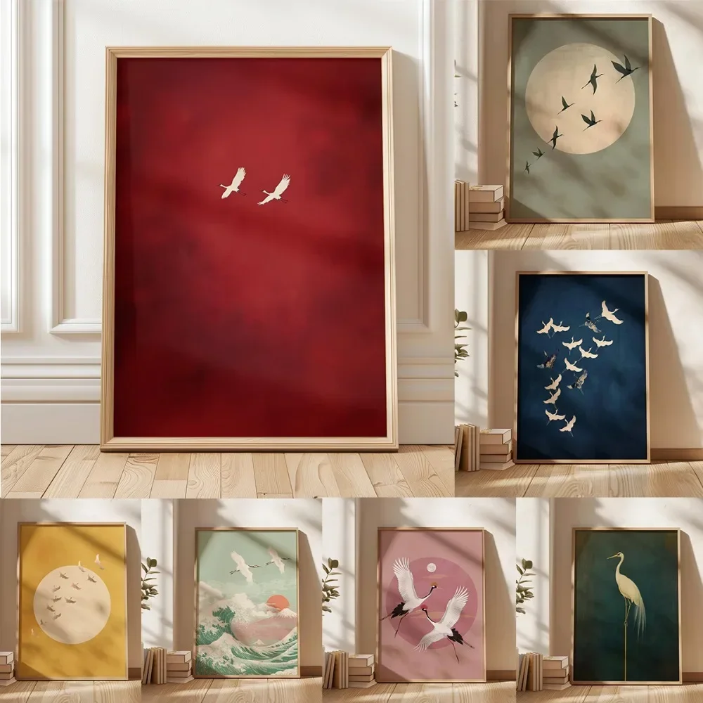 1pc frameless Canvas Painting 1pc Frameless Japanese Crane Wall Elegant Bird Poster Asian Style Artwork Peaceful Flying Crane Ze