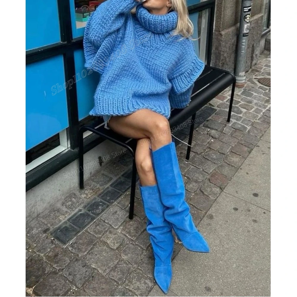 Blue Sexy Suede Pointed Toe Knee High Boots Chunky High Heel Concise Spring Autumn Slip-on Women Shoes 2024 Zapatos Para Mujere