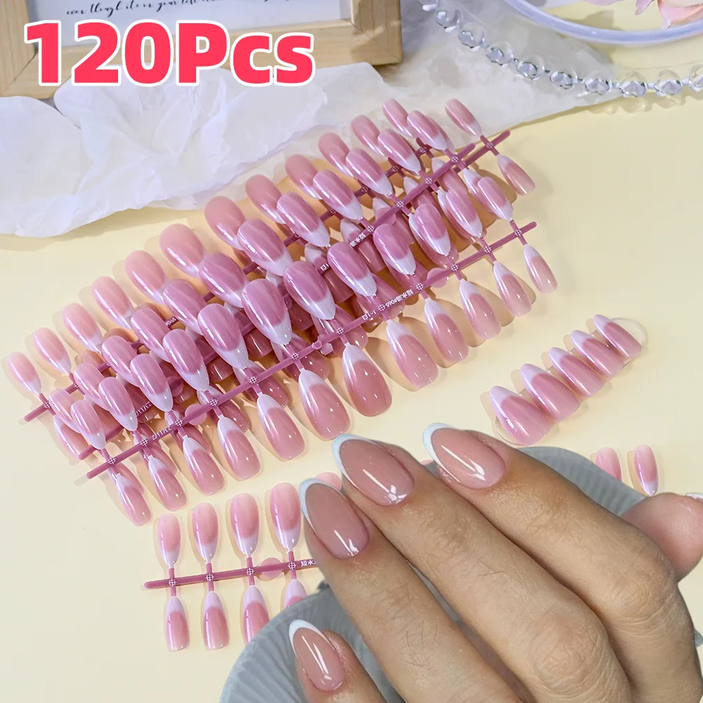 120Pcs Pink French Short Almond Fake Nail Tips Full Cover White Edge Design Press on Nails Glossy False Nail Art Extension Tips
