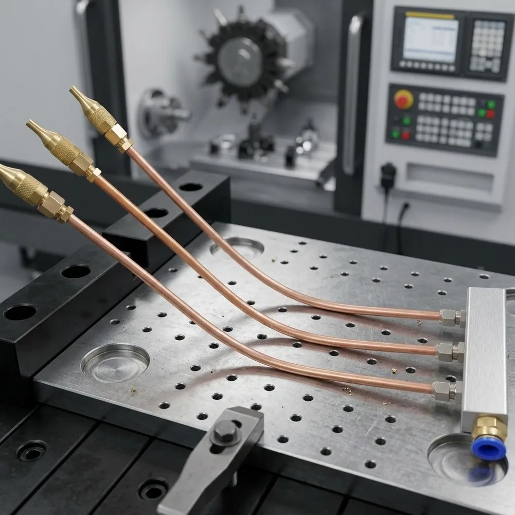 CNC Joint Nozzle with Aluminum Alloy Body Copper Components and 3-Way Split for Oil Water Air Simultaneous Flow