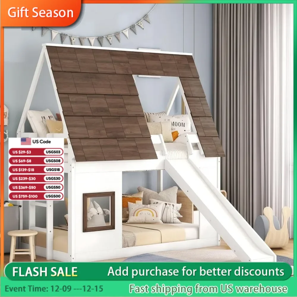 

Twin Over Twin House Bunk Bed with Roof and Window Wood Low Bunk Bed with Slide and Built-in Ladder Kids Bunk Bed Frame