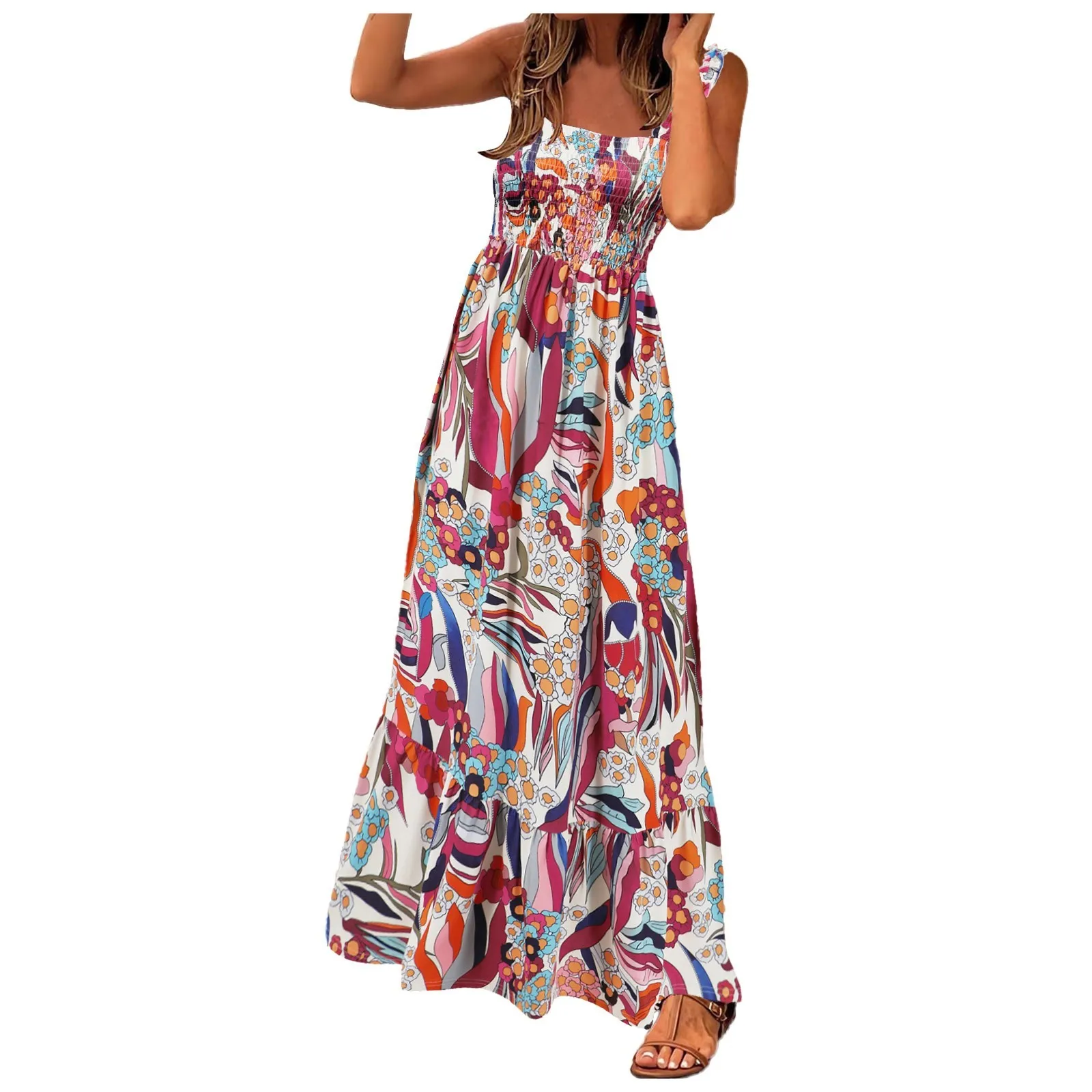 

Ladies Summer Printed Tank Long Dress Square Collar Sleeveless Maxi Dress Female Bohemian Beach Backless Casual Dresses Holiday