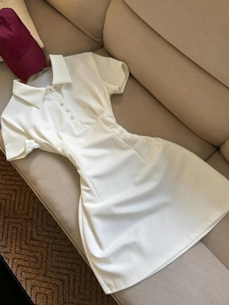 

Элегантное повседневное облегающее платье с короткими рукавами и лацканами, женское модное платье в стиле Харадзюку, тонкие белые новые теплые платья, женский дизайн, милые наряды