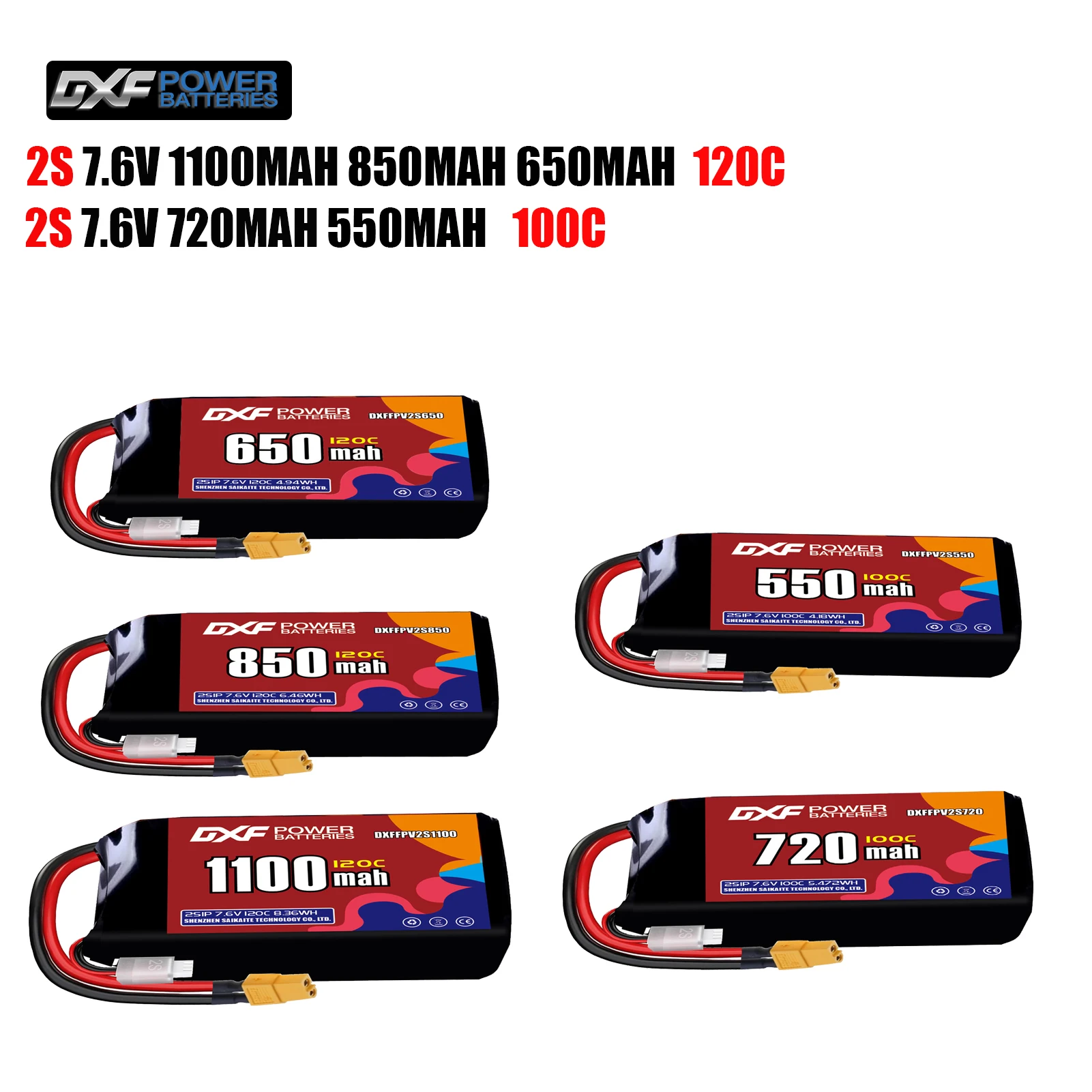 Akumulator DXF Lipo 2S 7.6V 1100mAh 850mAh 650mA 120C 720mAh 550mAh 100C z wtyczką XT30 XT60 JST do drona FPV Quadcopter