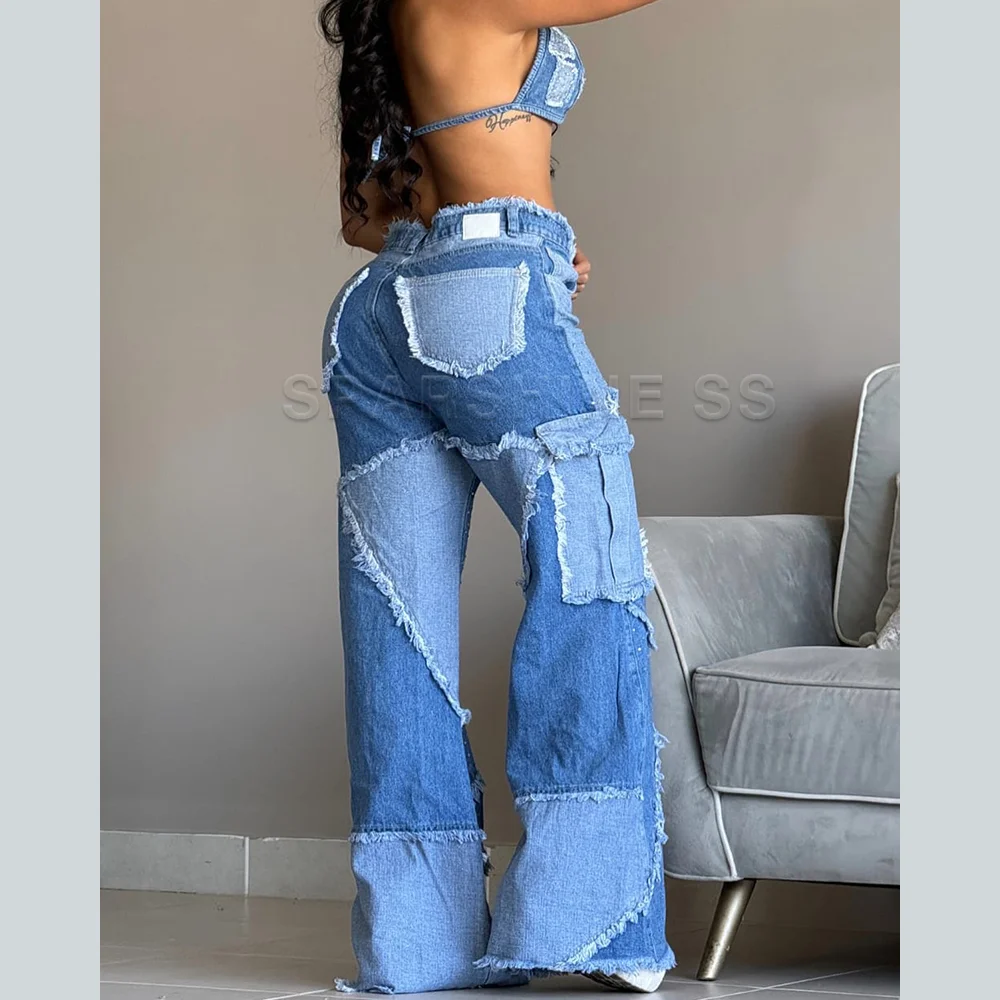 Women's Korean Casual Jeans Classic Straight Denim Wide-leg Trousers Solid Color Splicing Style Fashion Long Pants Plus Size