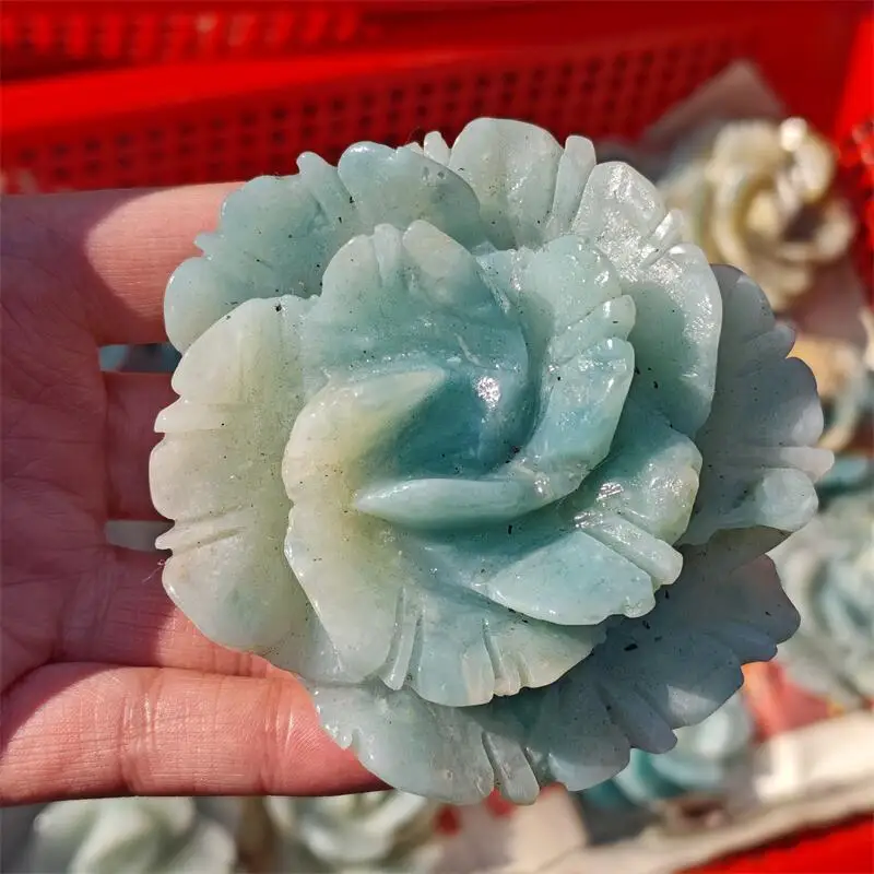 Natural Amazonite Flower Carving Energy Gem Reiki Healing Home Decoration Holiday Gift Collection 1pcs