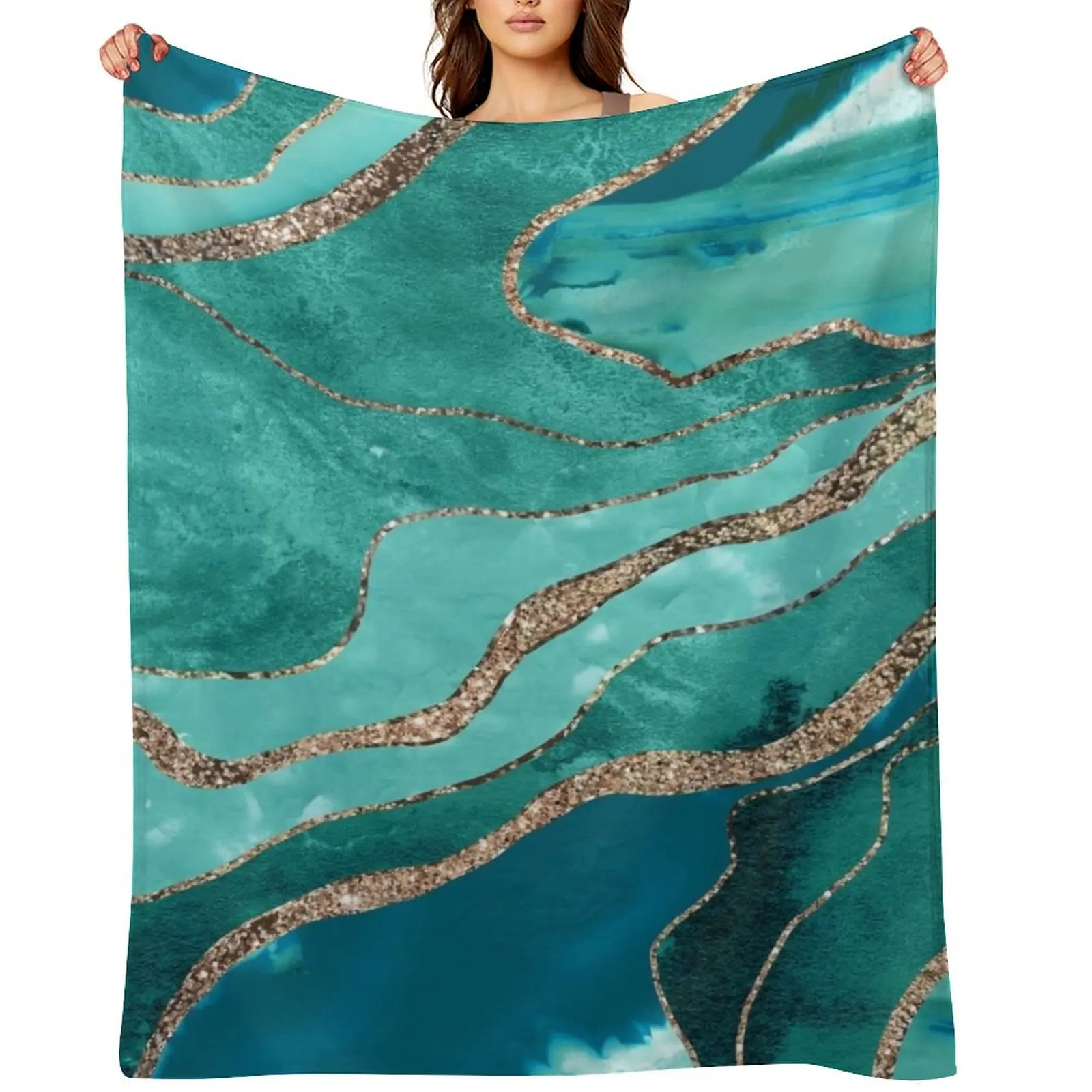 

Soft Turquoise Teal Marble Agate Gold Glitter Glam #1 (Faux Glitter) #decor #art Throw Blanket For Sofa Thin Blankets